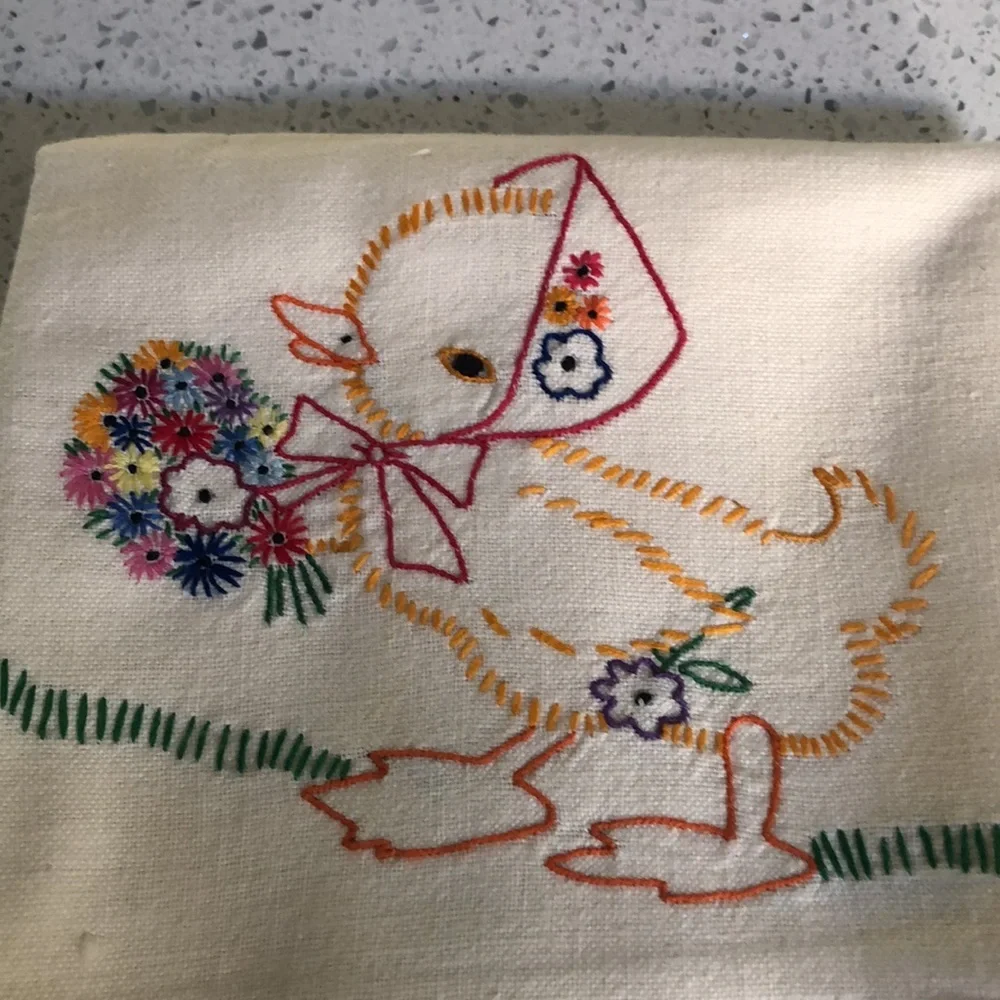 4 vintage hand embroidered canon linen tea towels with baby ducks and baby lamb